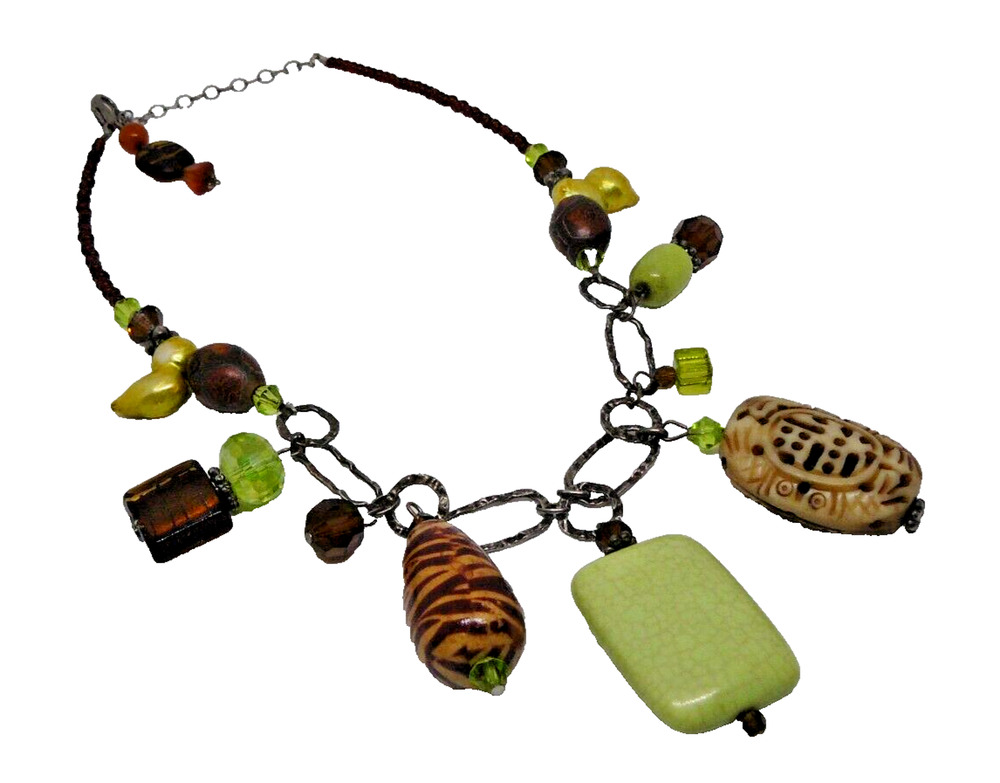 Statement Necklace Beaded Stone Metal Mixed Boho Chunky Vintage Green & Brown